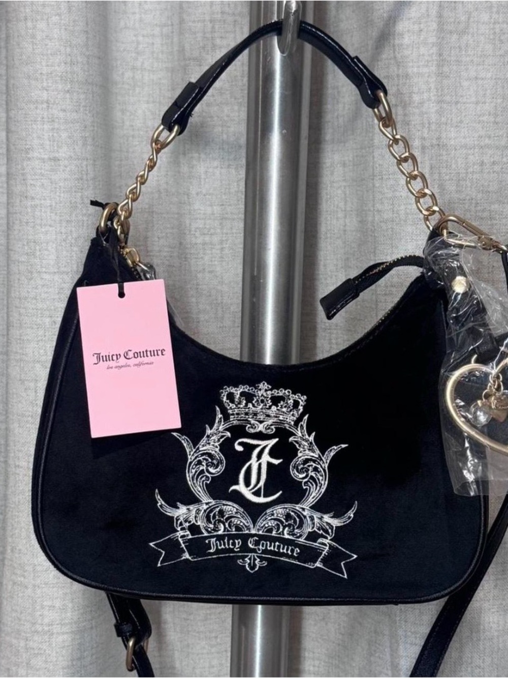Juicy Couture Black Velvet Shoulder Bag with White Crest Embroidery